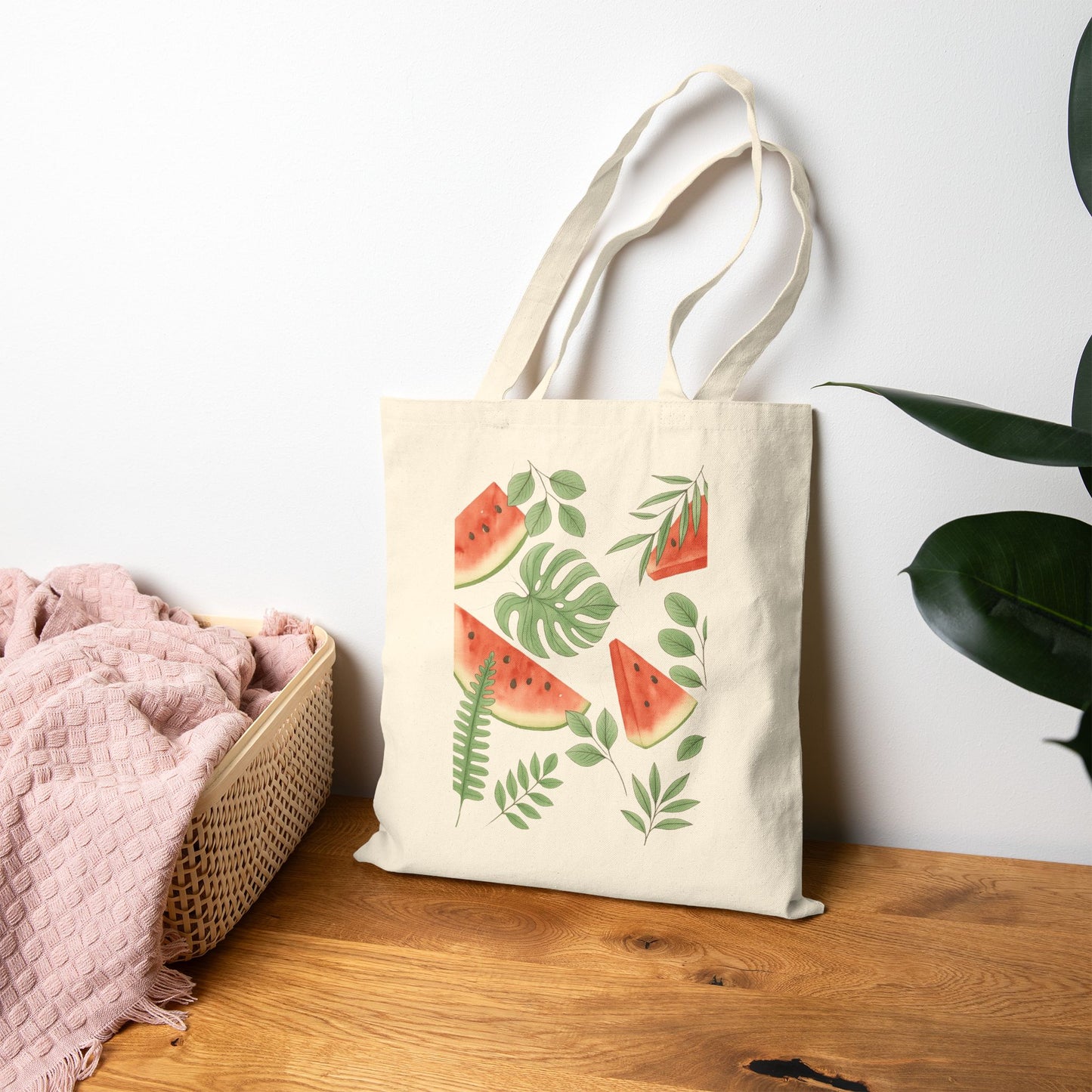 Watermelon & Leaf Print Canvas Tote Bag